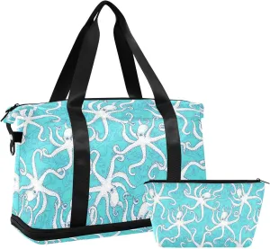 Travel Duffel Bag for Women Men Sketch Octopuses Vintage Style Weekender Overnight Bags with Shoe Compartments Gym Duffel Bag with Toiletry Bag for Travel Sport Yoga 17 Inch