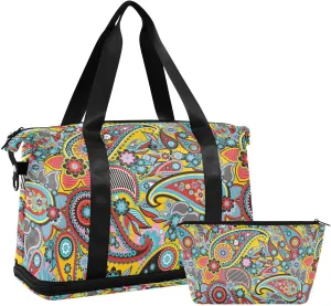 Travel Duffel Bag for Women Men Traditional Asian Elements Paisley Weekender Overnight Bags with Shoe Compartments Gym Duffel Bag with Toiletry Bag for Travel Sport Yoga 17 Inch