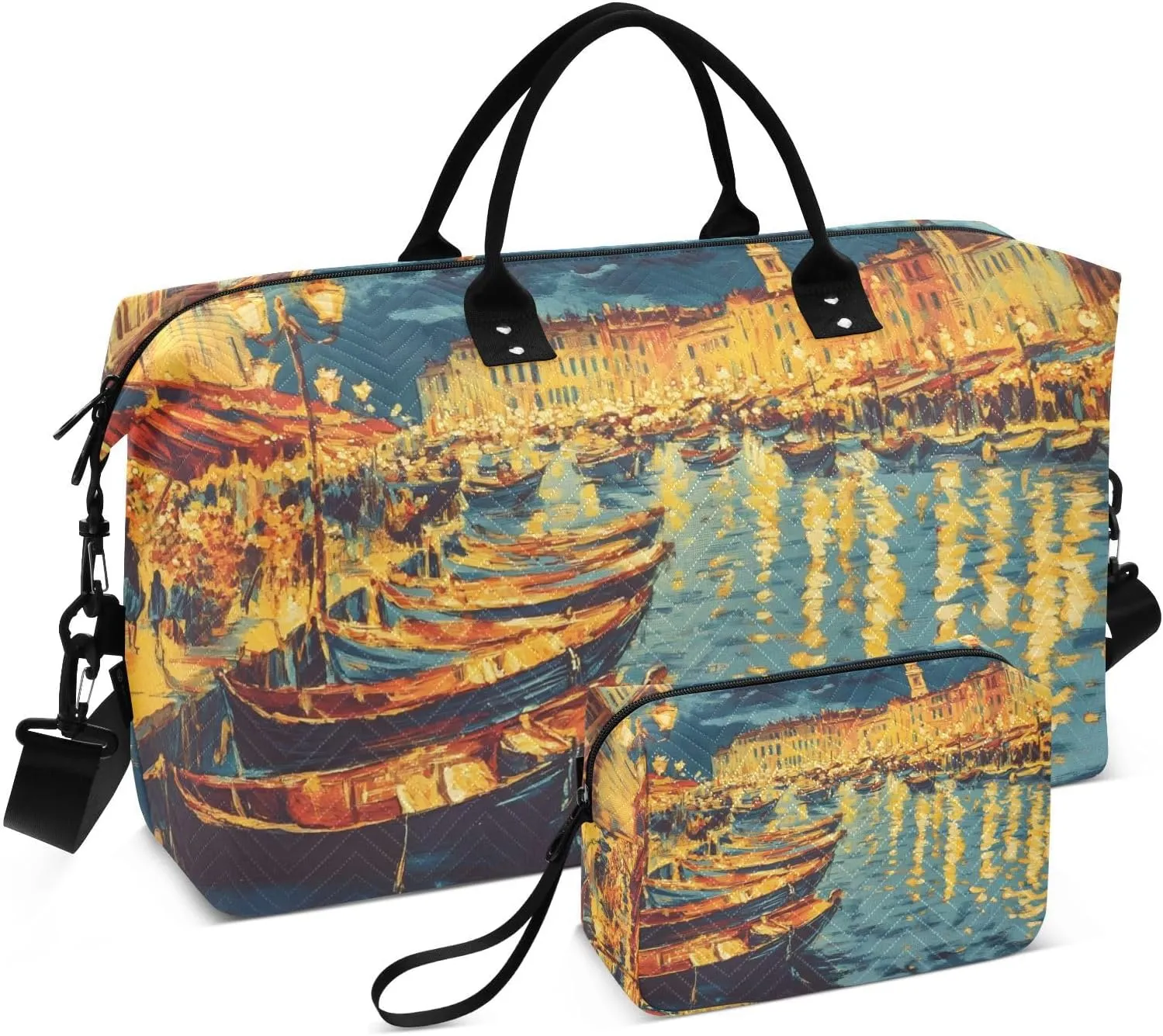Travel Duffel Bag Marseille Boats Night, Gym Bags with Multiple Interior Pockets for Men Women Toiletry Purse Included 20.5”x 1.9” x 13.8”