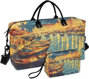 Travel Duffel Bag Marseille Boats Night, Gym Bags with Multiple Interior Pockets for Men Women Toiletry Purse Included 20.5”x 1.9” x 13.8”