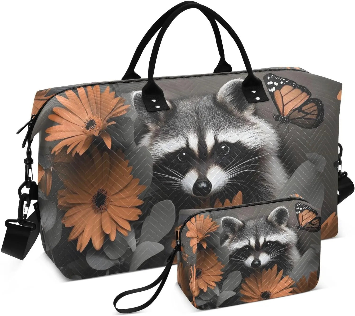 Travel Duffel Bag Raccoon Floral Butterfly, Gym Bags with Multiple Interior Pockets for Men Women Toiletry Purse Included 20.5”x 1.9” x 13.8”