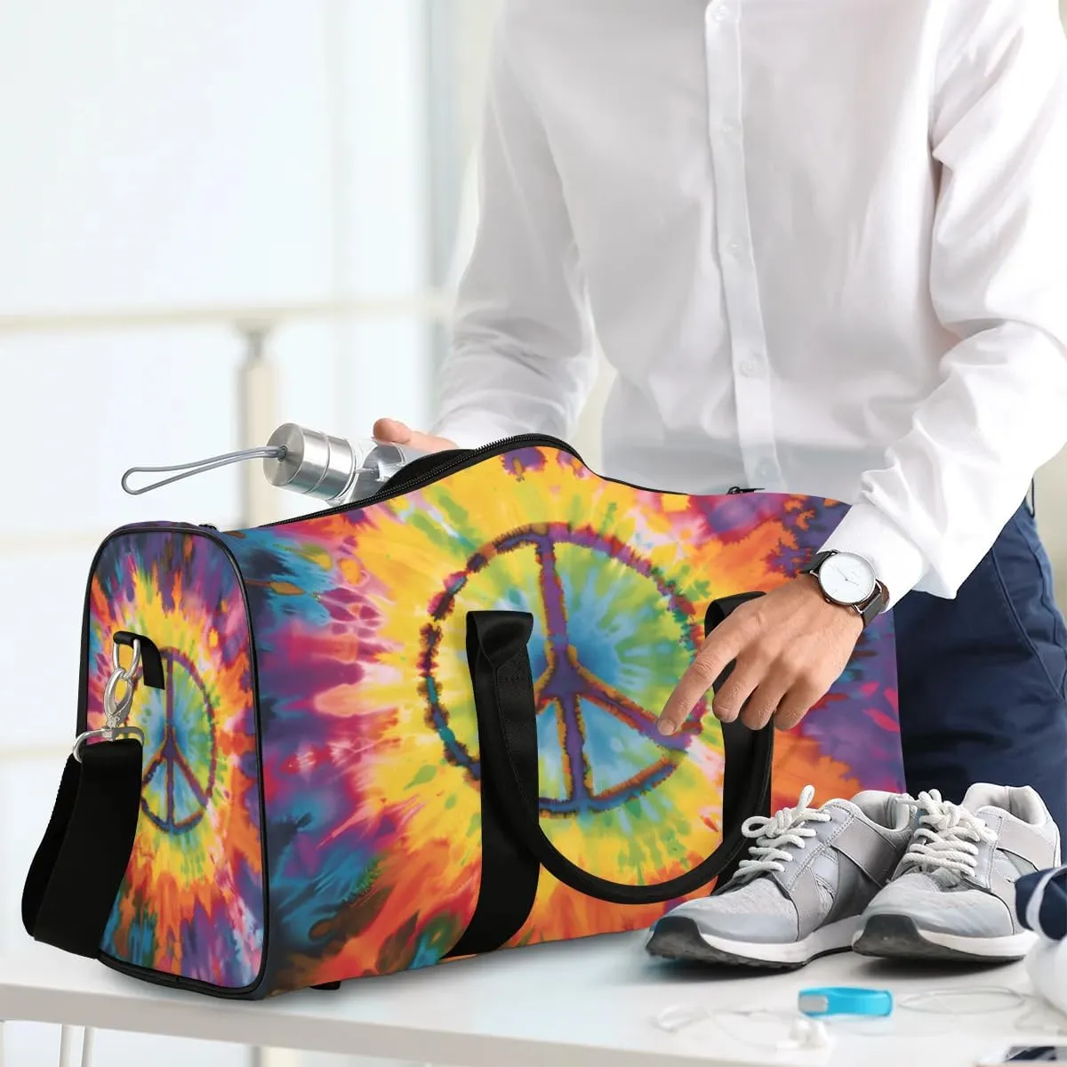 Travel Duffel Bag, Tie-dye Peace Sign Sports Tote Gym Bag Foldable Western Aztec Weekender Bag Carry on Luggage Handle Bag Overnight Shoulder Bag for Women Men,A-744