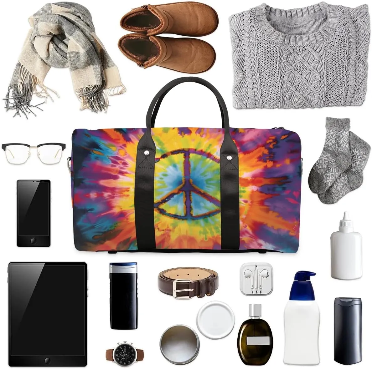 Travel Duffel Bag, Tie-dye Peace Sign Sports Tote Gym Bag Foldable Western Aztec Weekender Bag Carry on Luggage Handle Bag Overnight Shoulder Bag for Women Men,A-744