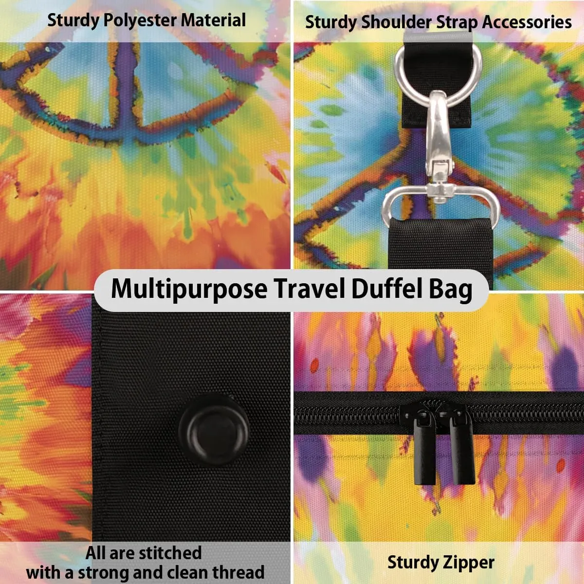 Travel Duffel Bag, Tie-dye Peace Sign Sports Tote Gym Bag Foldable Western Aztec Weekender Bag Carry on Luggage Handle Bag Overnight Shoulder Bag for Women Men,A-744