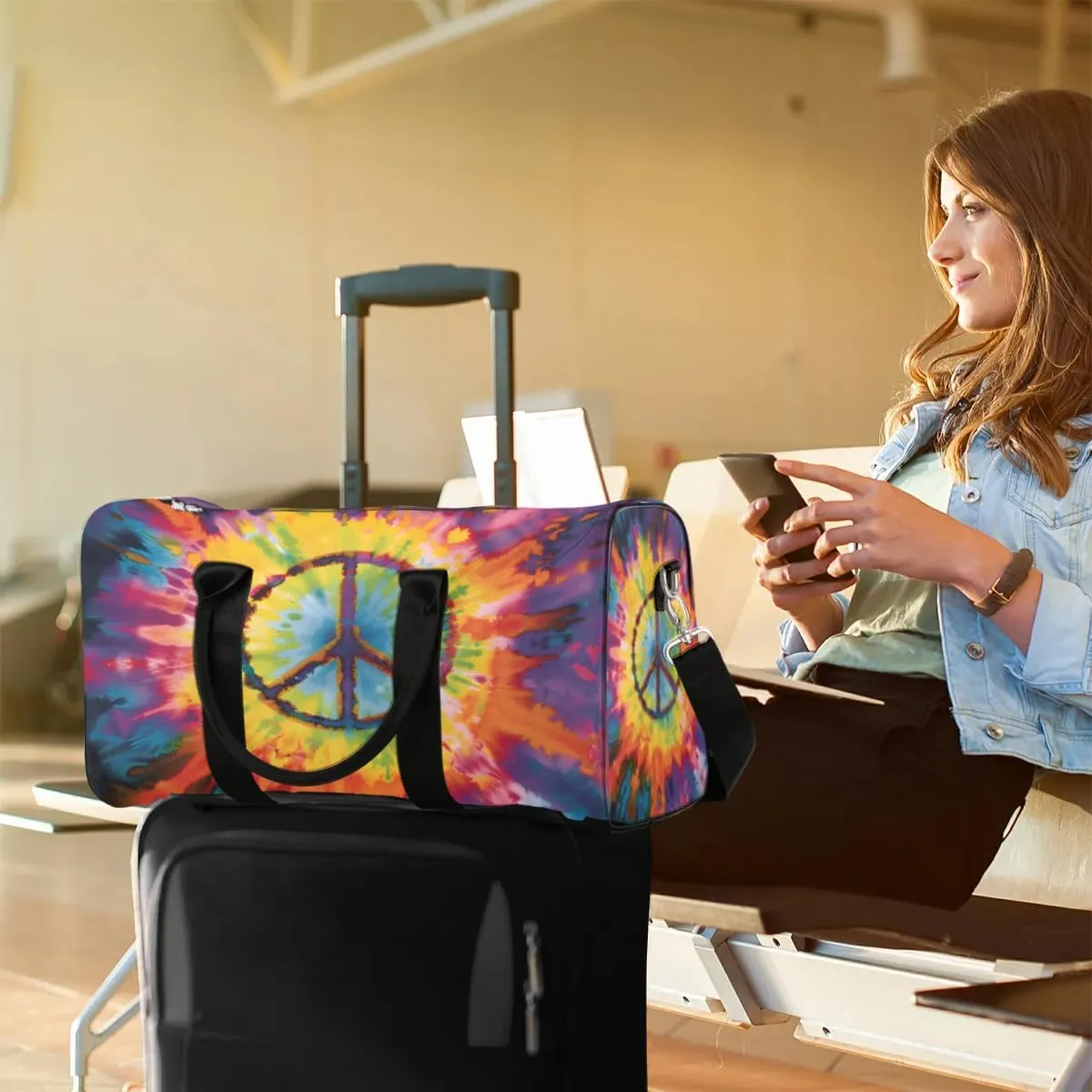 Travel Duffel Bag, Tie-dye Peace Sign Sports Tote Gym Bag Foldable Western Aztec Weekender Bag Carry on Luggage Handle Bag Overnight Shoulder Bag for Women Men,A-744