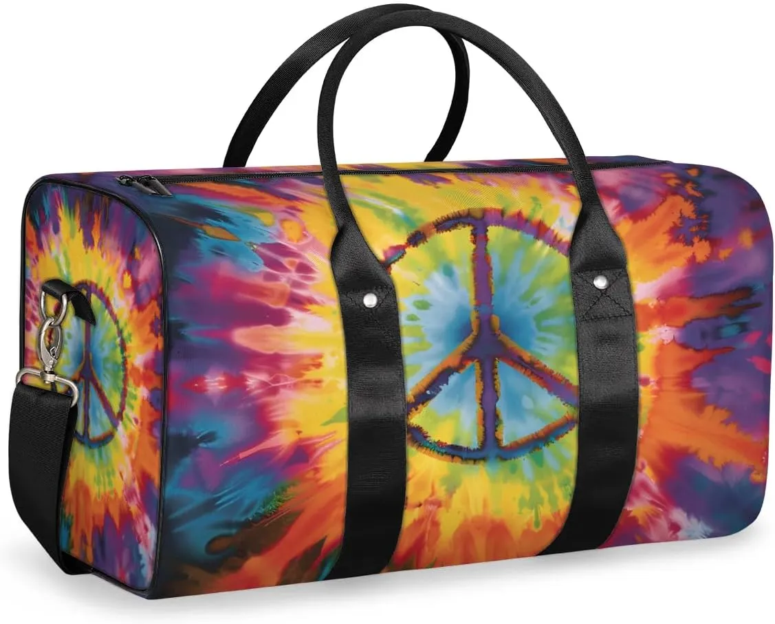 Travel Duffel Bag, Tie-dye Peace Sign Sports Tote Gym Bag Foldable Western Aztec Weekender Bag Carry on Luggage Handle Bag Overnight Shoulder Bag for Women Men,A-744