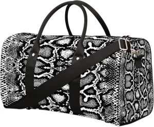 Travel Duffel, White Snake Skin Print Sports Tote Gym Foldable Weekender Workout Carry-on Luggage Handle Overnight Shoulder Bag for Women Men