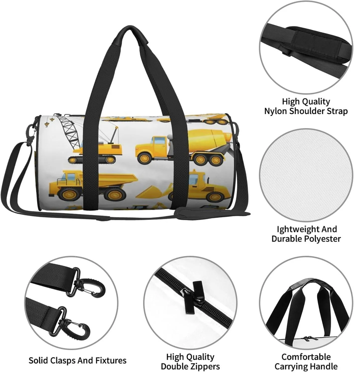 Travel Duffle Bag for Men Women, Construction Vehicles Machinery Trucks Duffle Bags for Sport Gym Overnight Luggage