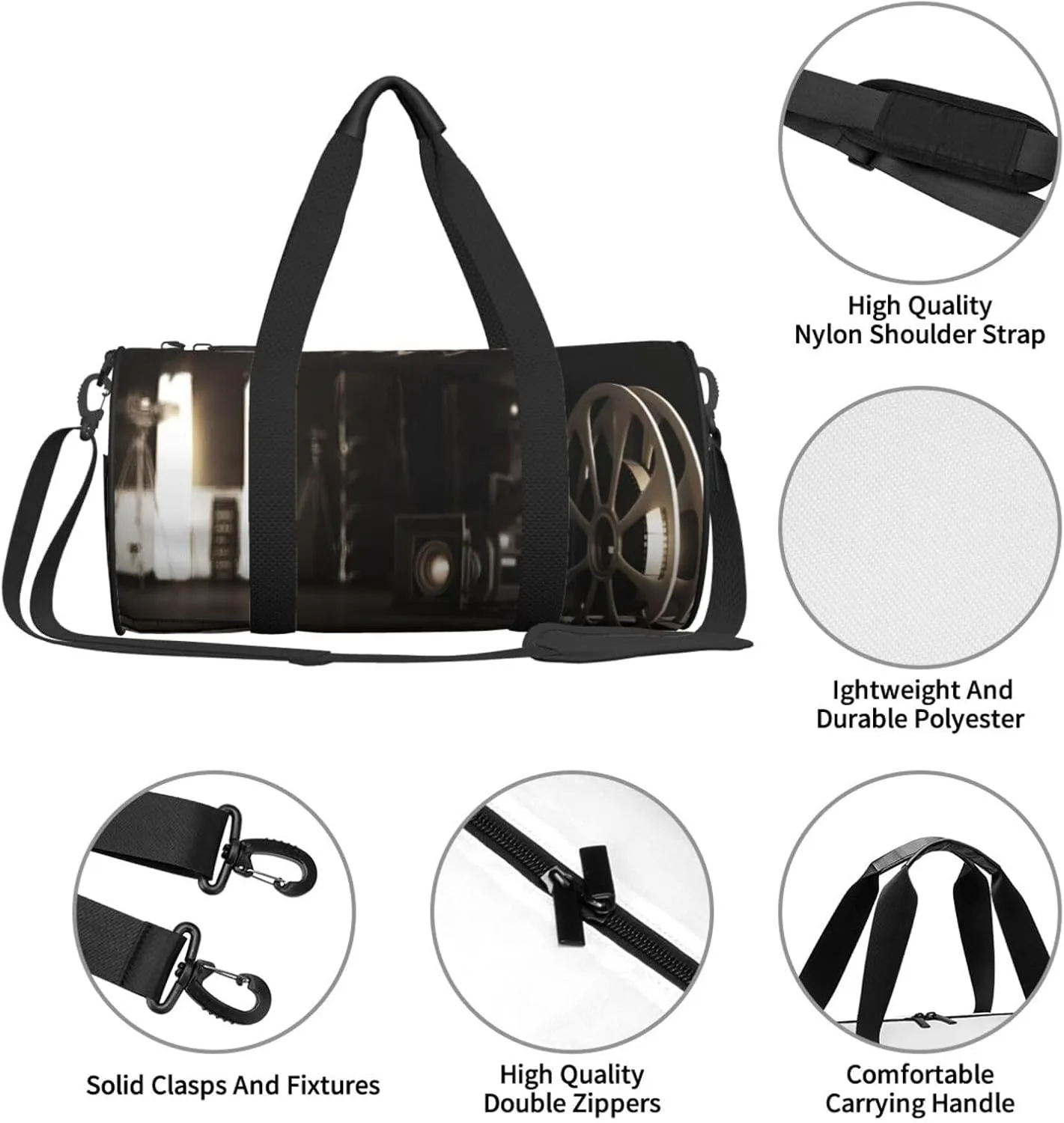 Travel Duffle Bag for Men Women, Movie Film Reel Tape Cinema Duffle Bags for Sport Gym Overnight Luggage