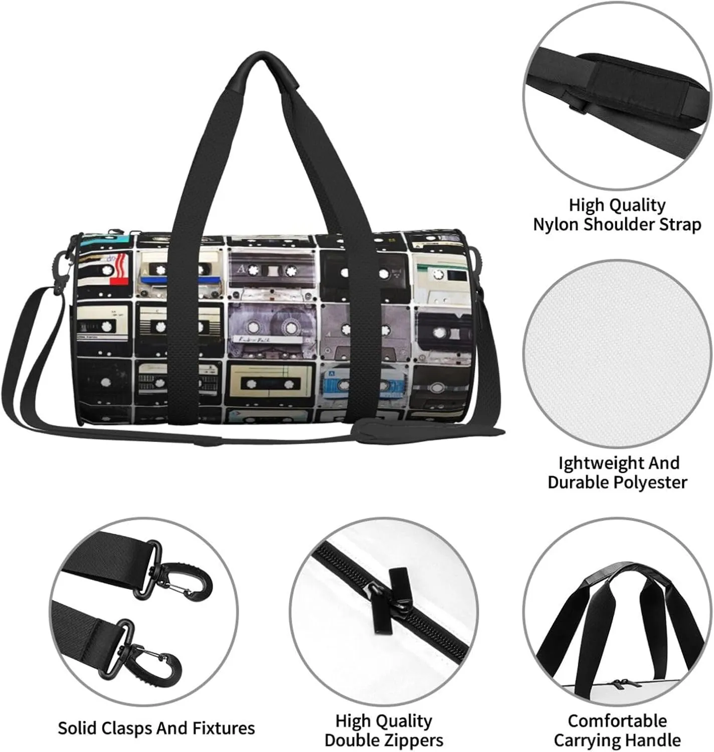 Travel Duffle Bag for Men Women, Retro Cassette Tape Duffle Bags for Sport Gym Overnight Luggage