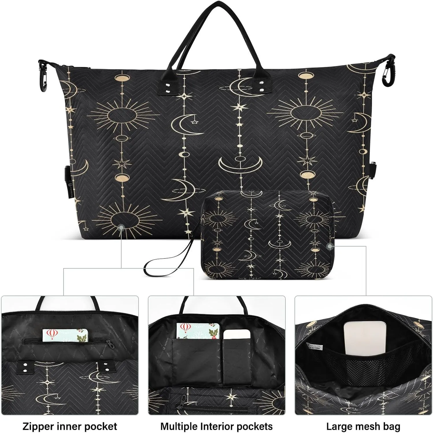 Travel Duffle Bag Weekender Bags Overnight Bag with Toiletry Bag Gym Duffel Bag Sun Moon Stars Witch for Travel Business Trips Sport