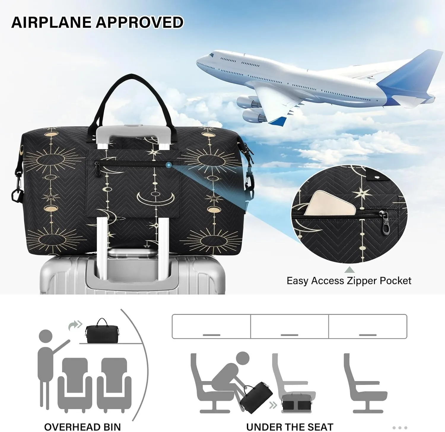 Travel Duffle Bag Weekender Bags Overnight Bag with Toiletry Bag Gym Duffel Bag Sun Moon Stars Witch for Travel Business Trips Sport
