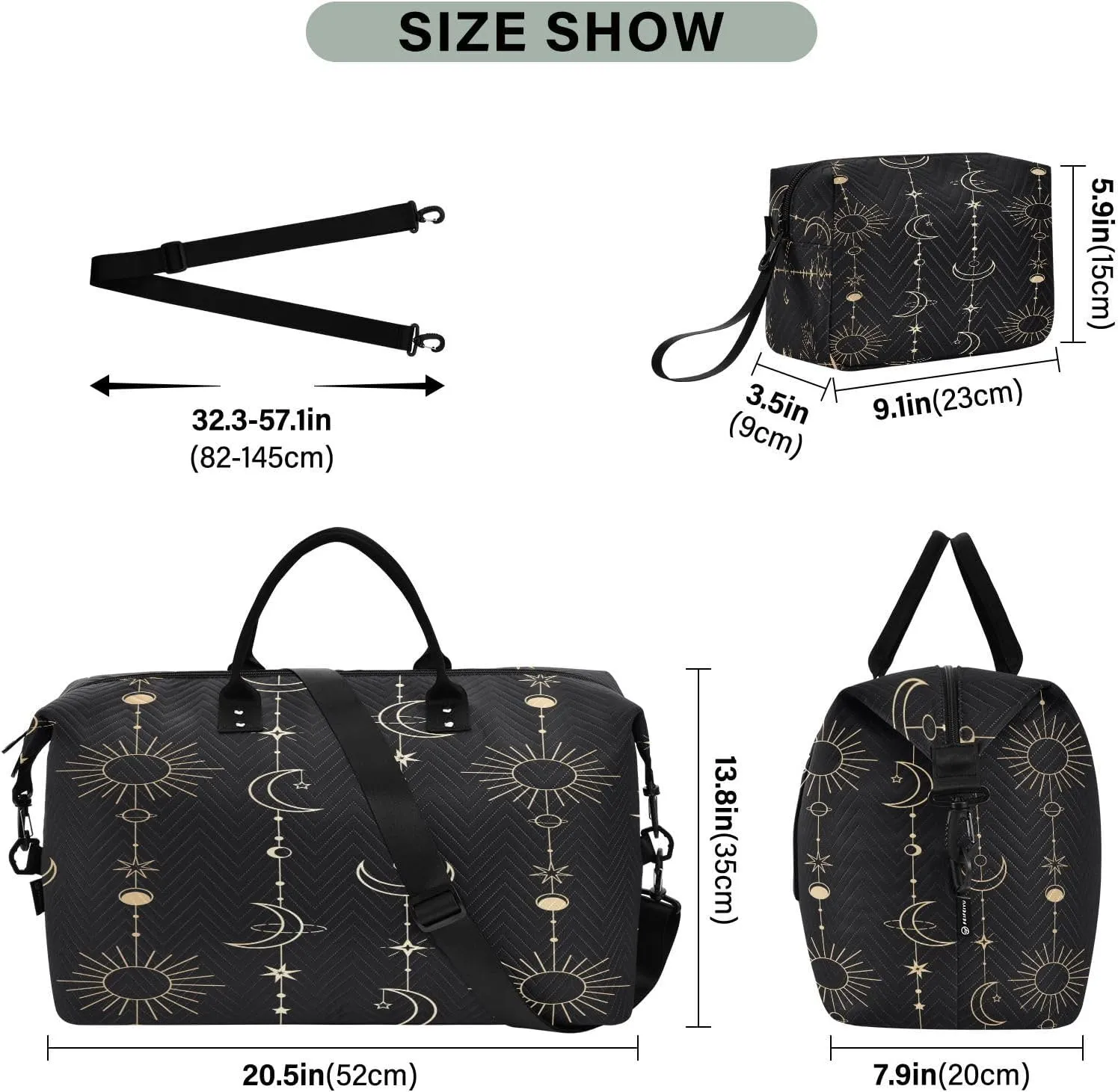 Travel Duffle Bag Weekender Bags Overnight Bag with Toiletry Bag Gym Duffel Bag Sun Moon Stars Witch for Travel Business Trips Sport