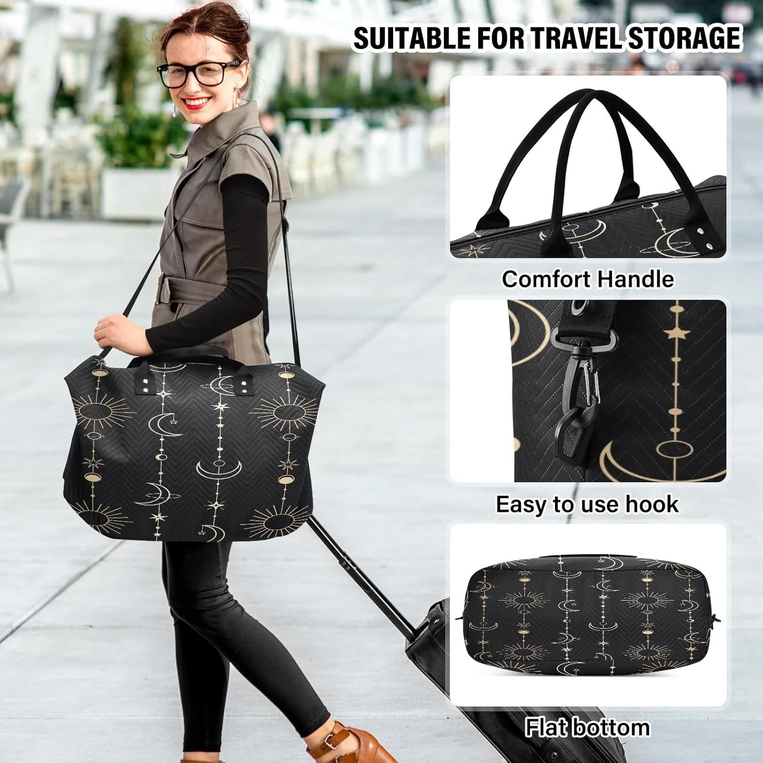 Travel Duffle Bag Weekender Bags Overnight Bag with Toiletry Bag Gym Duffel Bag Sun Moon Stars Witch for Travel Business Trips Sport