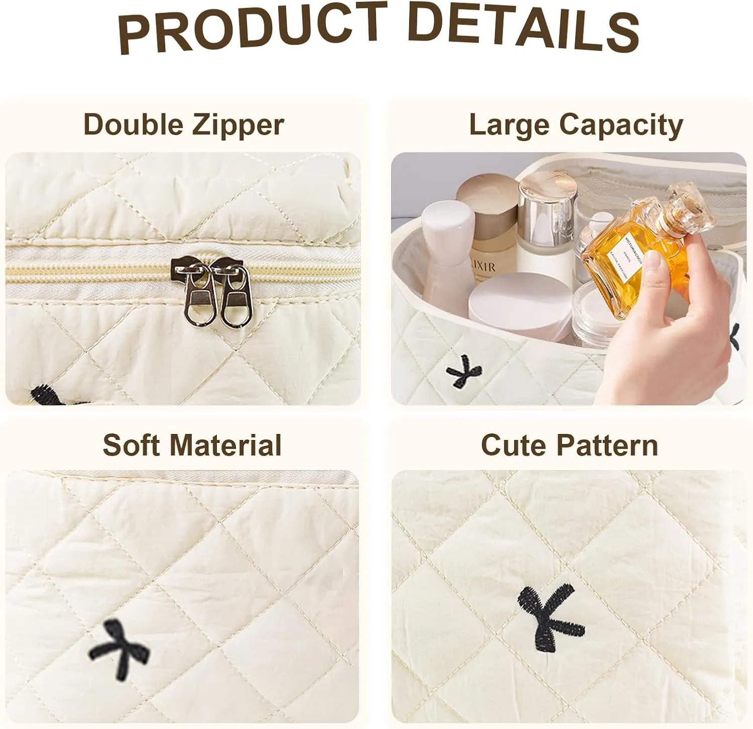 Travel Makeup Bags, Cute Bow Cosmetic Organizer Bag, 4-Set Large Capacity Make up Bag Quilted Toiletry Bag for Women Girls