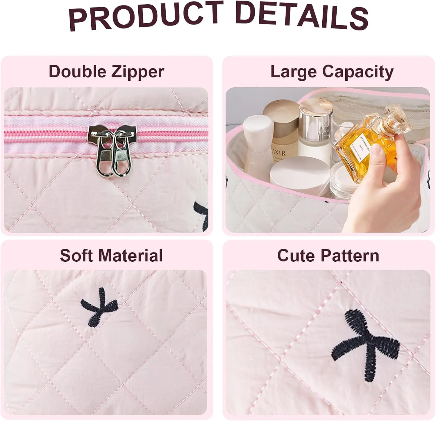 Travel Makeup Bags, Cute Bow Cosmetic Organizer Bag, 4-Set Large Capacity Make up Bag Quilted Toiletry Bag for Women Girls