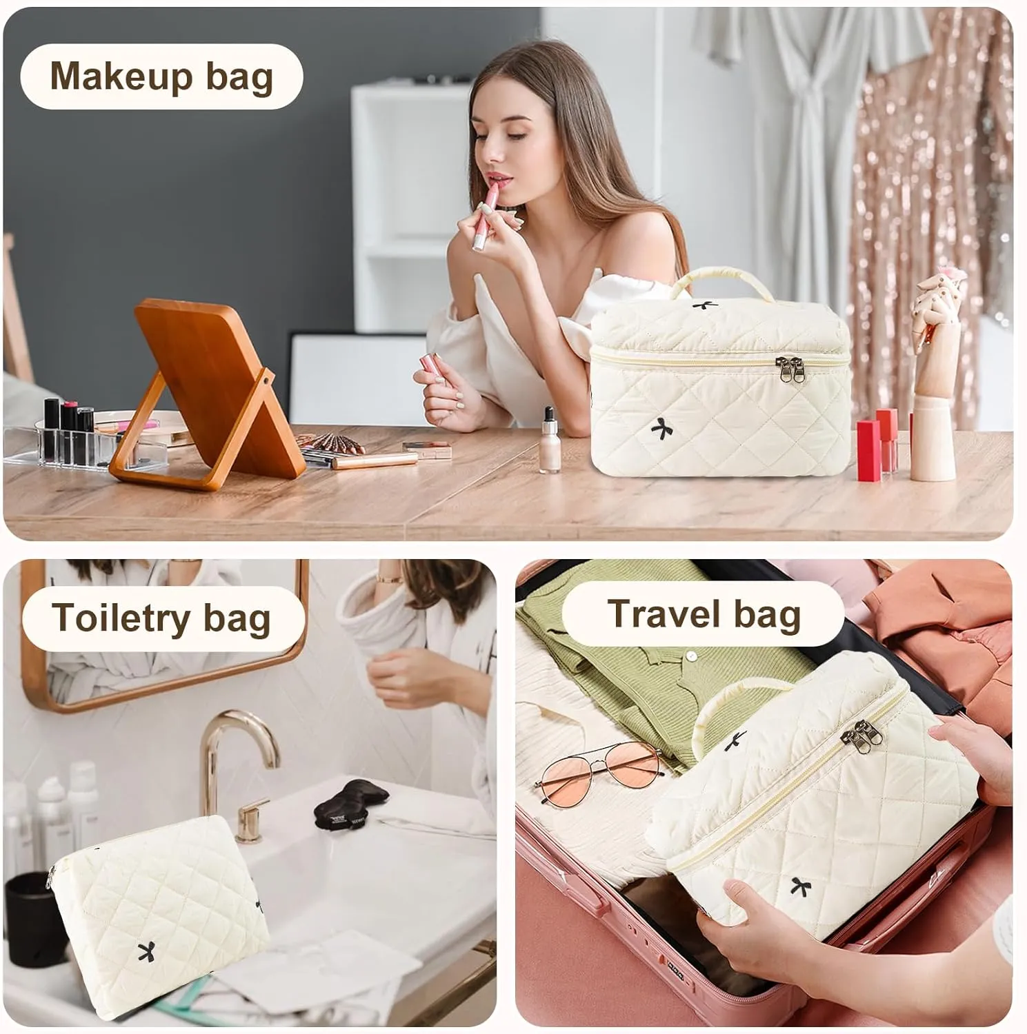 Travel Makeup Bags, Cute Bow Cosmetic Organizer Bag, 4-Set Large Capacity Make up Bag Quilted Toiletry Bag for Women Girls
