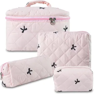 Travel Makeup Bags, Cute Bow Cosmetic Organizer Bag, 4-Set Large Capacity Make up Bag Quilted Toiletry Bag for Women Girls
