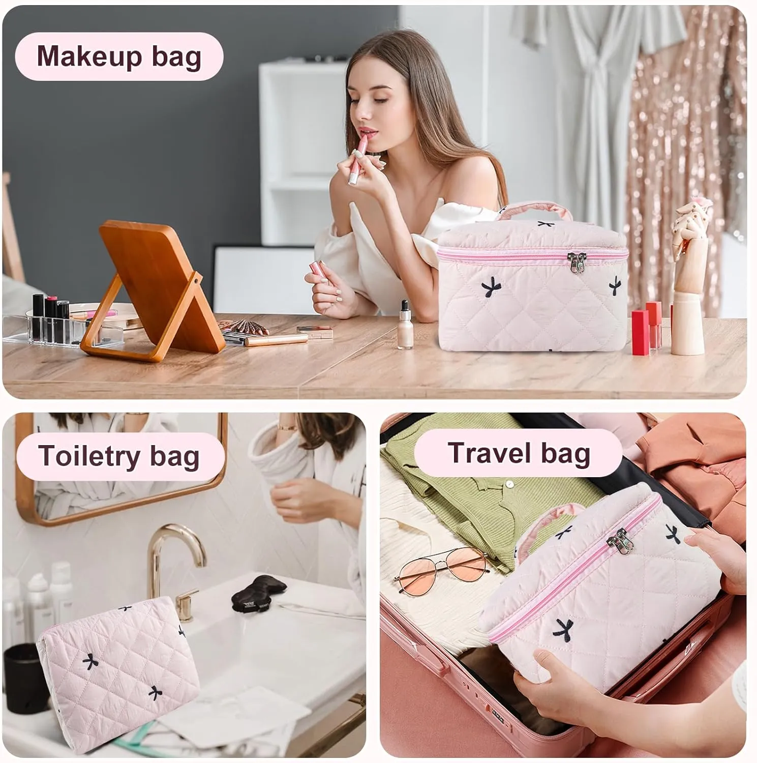Travel Makeup Bags, Cute Bow Cosmetic Organizer Bag, 4-Set Large Capacity Make up Bag Quilted Toiletry Bag for Women Girls