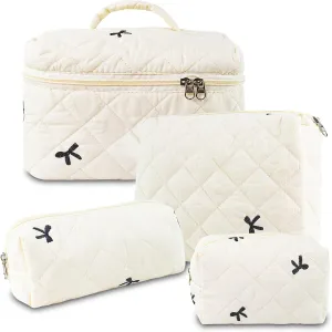 Travel Makeup Bags, Cute Bow Cosmetic Organizer Bag, 4-Set Large Capacity Make up Bag Quilted Toiletry Bag for Women Girls