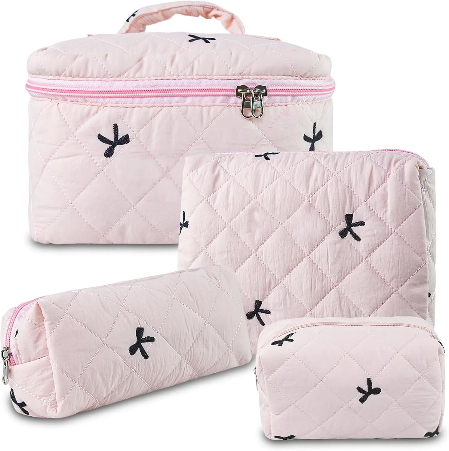 Travel Makeup Bags, Cute Bow Cosmetic Organizer Bag, 4-Set Large Capacity Make up Bag Quilted Toiletry Bag for Women Girls