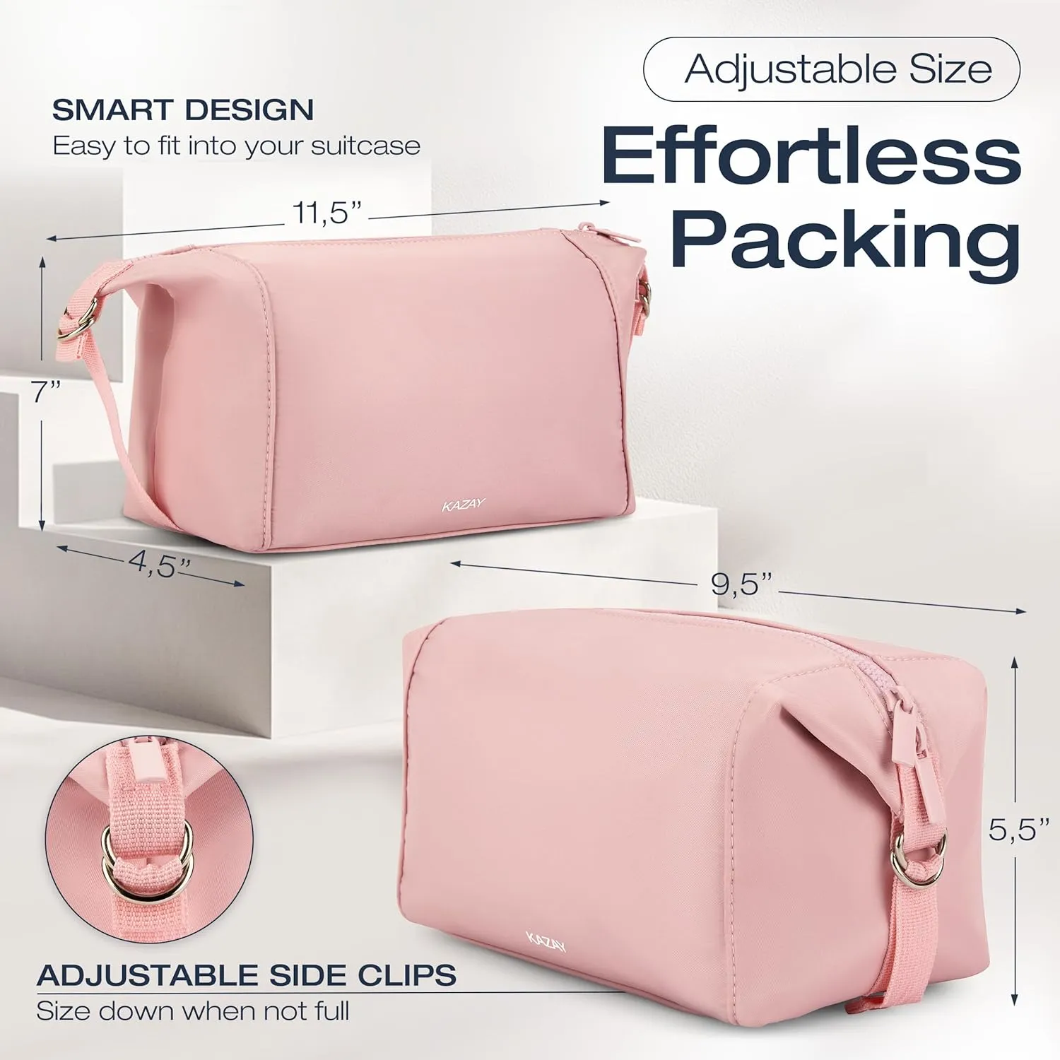 Travel Toiletry Bag, 5.5L Large Capacity with Side Clips for Adjustable Sizing, Premium Nylon, Water Resistant, Cosmetic Bag, Stylish, Full-Size Bottles, Makeup Bag, Unisex (Pink)