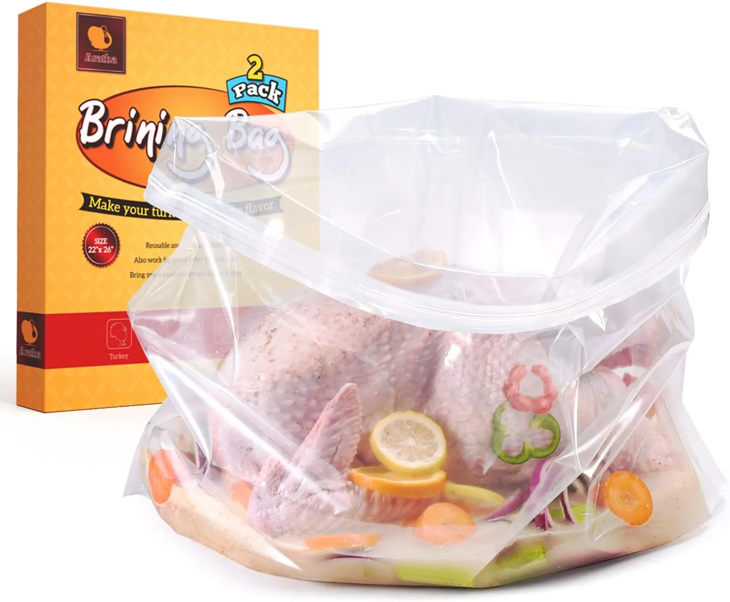 Turkey Brining Bags, 26"×22", 2 Pack, Double Zip Lock Thicker Brine Bags with 2 Cotton Strings, Extra Large Brining Bag Fits for Turkey, Chicken, Beef, Fish, Lamb, Pork, Holds Up to 35LB