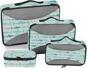 Turquoise Sharks Seamless Pattern Vintage Style 4 PCs Set Packing Bags, Luggage Organizer Bag, Portable Cube Toiletry bag, Durable Travel Cosmetic Storage Bag for Men Women