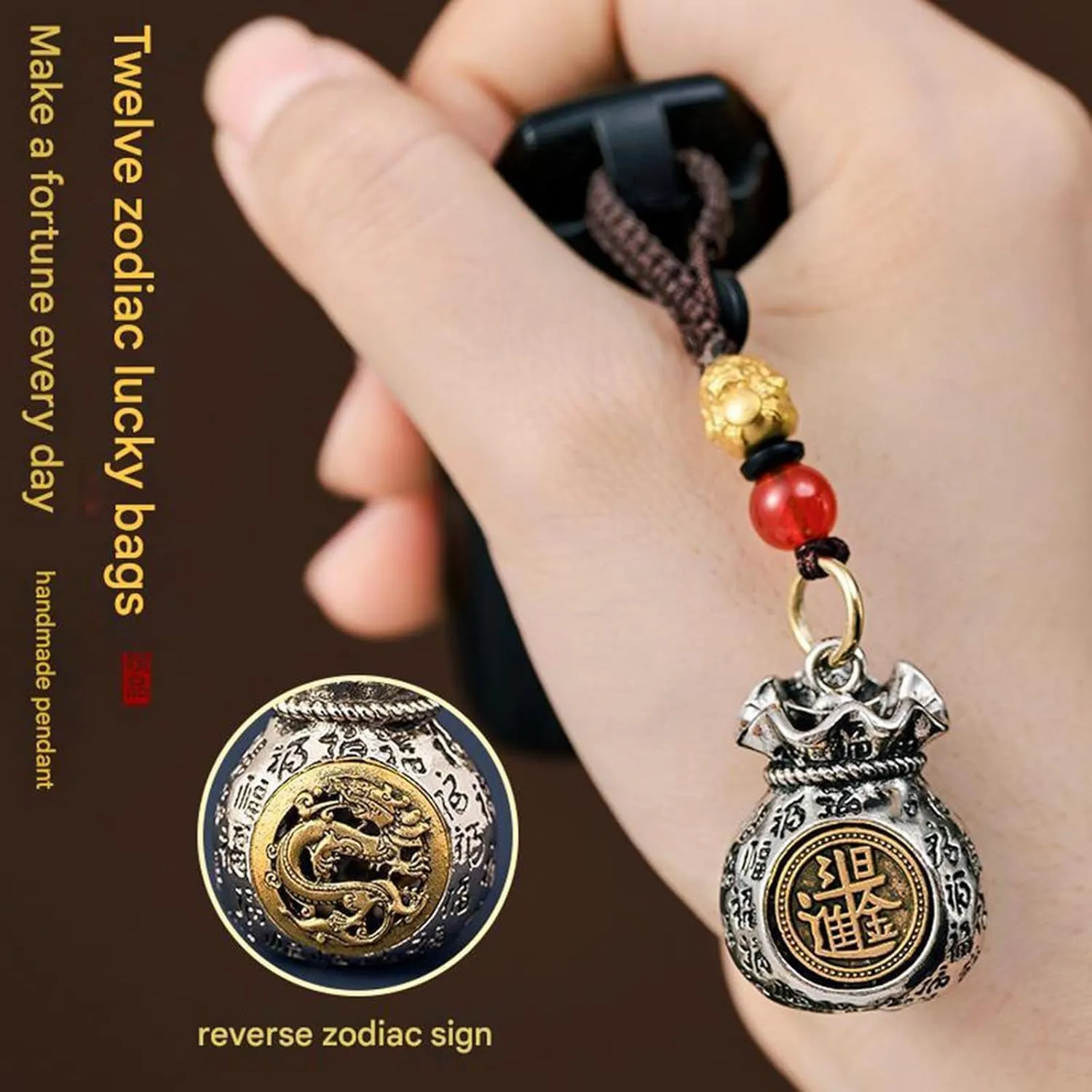 Twelve Zodiac God of Wealth Bag, Rotatable Lucky Money Bag, Daily Prosperity & Fortune-Filled Handmade Pendant, Double-Sided Chinese Zodiac Blessing Pendant
