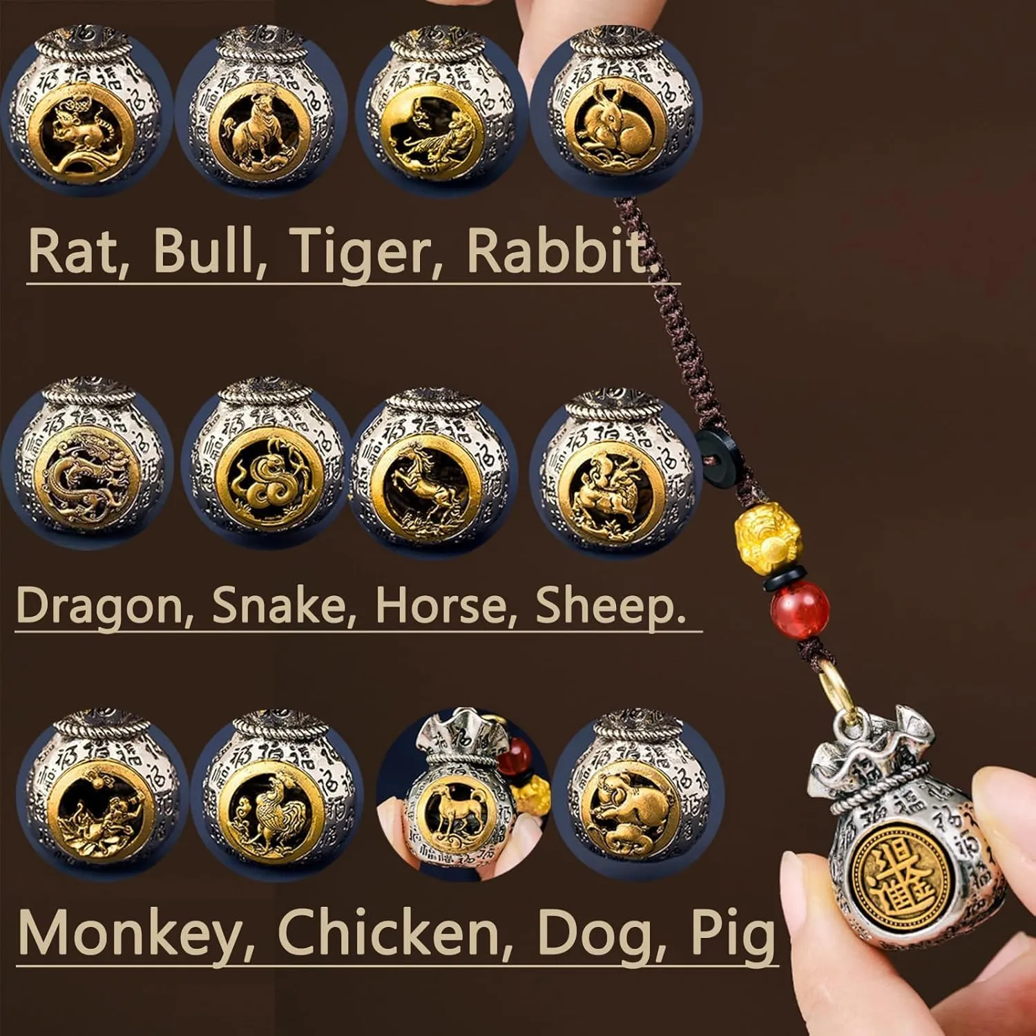 Twelve Zodiac God of Wealth Bag, Rotatable Lucky Money Bag, Daily Prosperity & Fortune-Filled Handmade Pendant, Double-Sided Chinese Zodiac Blessing Pendant