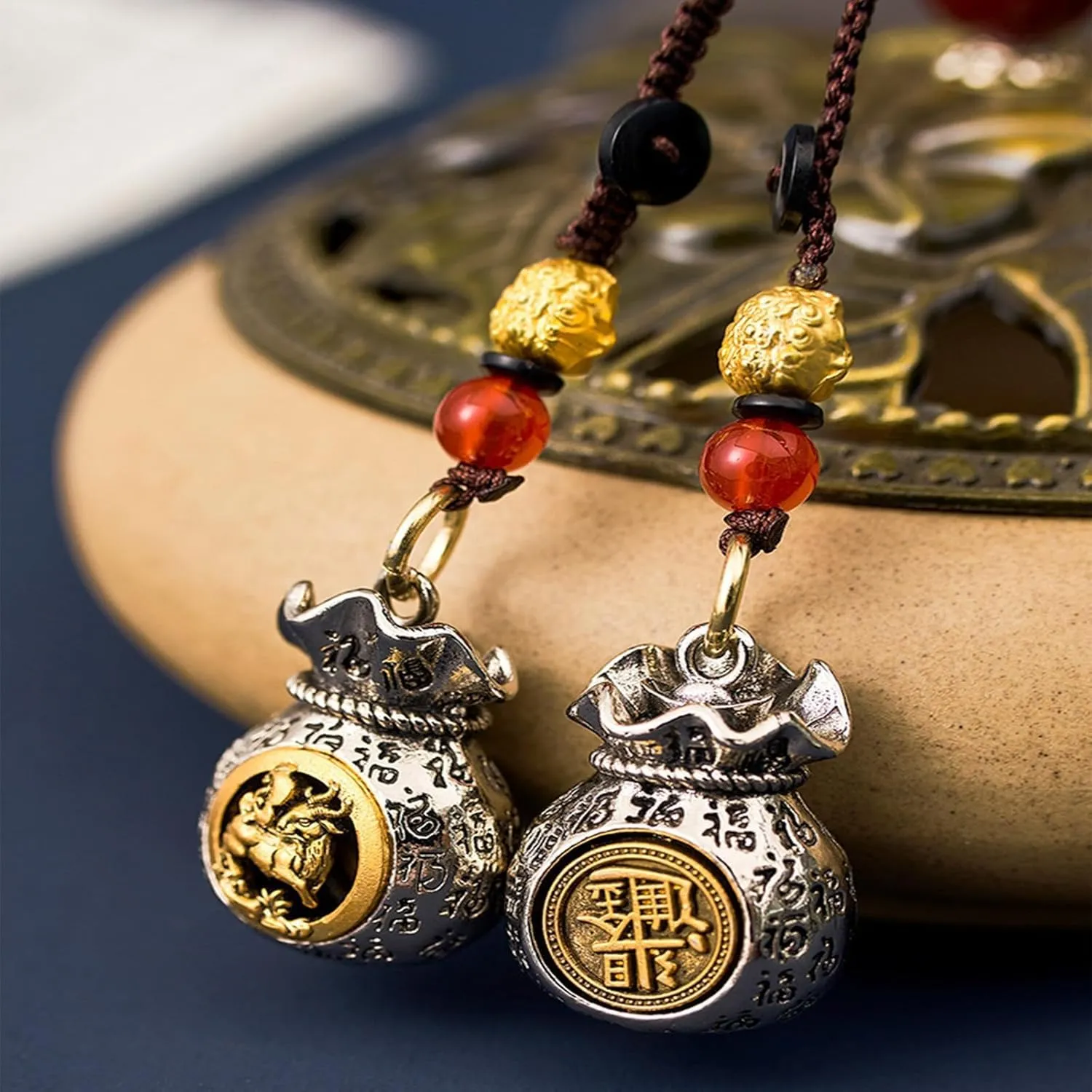 Twelve Zodiac God of Wealth Bag, Rotatable Lucky Money Bag, Daily Prosperity & Fortune-Filled Handmade Pendant, Double-Sided Chinese Zodiac Blessing Pendant