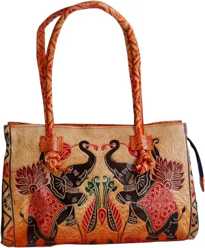 Twin Royal Elephants ethnic traditional 100% Genuine Pure Shantiniketan Leather Shoulder Bag Medium
