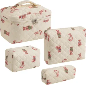 uekeboag 2 pcs Large Floral Quilted Makeup Bag Set for Women, Cotton Quilted Big Cosmetic Bag, Coquette Aesthetic Cute Travel Toiletry Bag