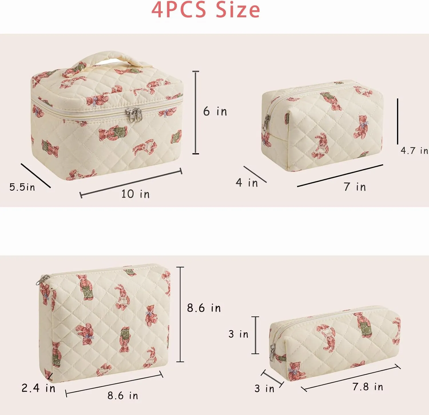 uekeboag 2 pcs Large Floral Quilted Makeup Bag Set for Women, Cotton Quilted Big Cosmetic Bag, Coquette Aesthetic Cute Travel Toiletry Bag