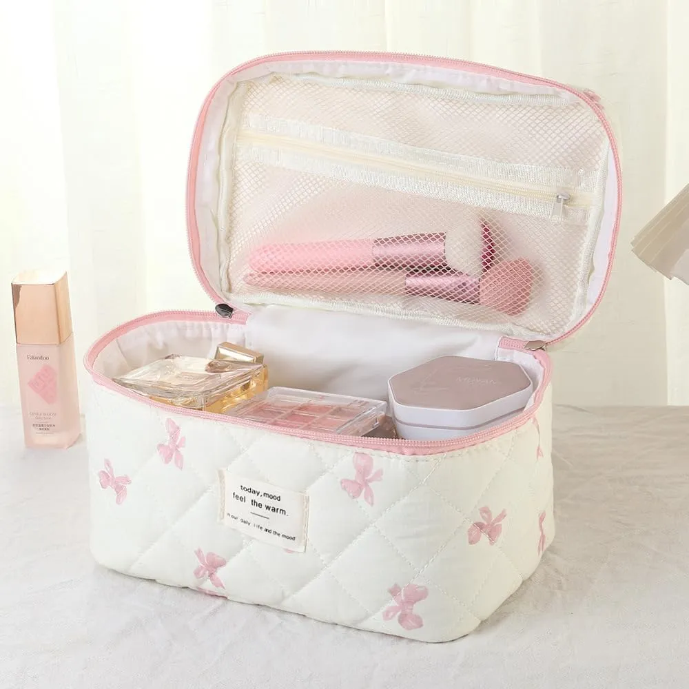 uekeboag Large Travel Quilted Makeup Bag for Women, Floral Cotton Cosmetic Bag, Coquette Aesthetic Floral Toiletry Organizer Bag