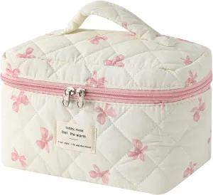 uekeboag Large Travel Quilted Makeup Bag for Women, Floral Cotton Cosmetic Bag, Coquette Aesthetic Floral Toiletry Organizer Bag
