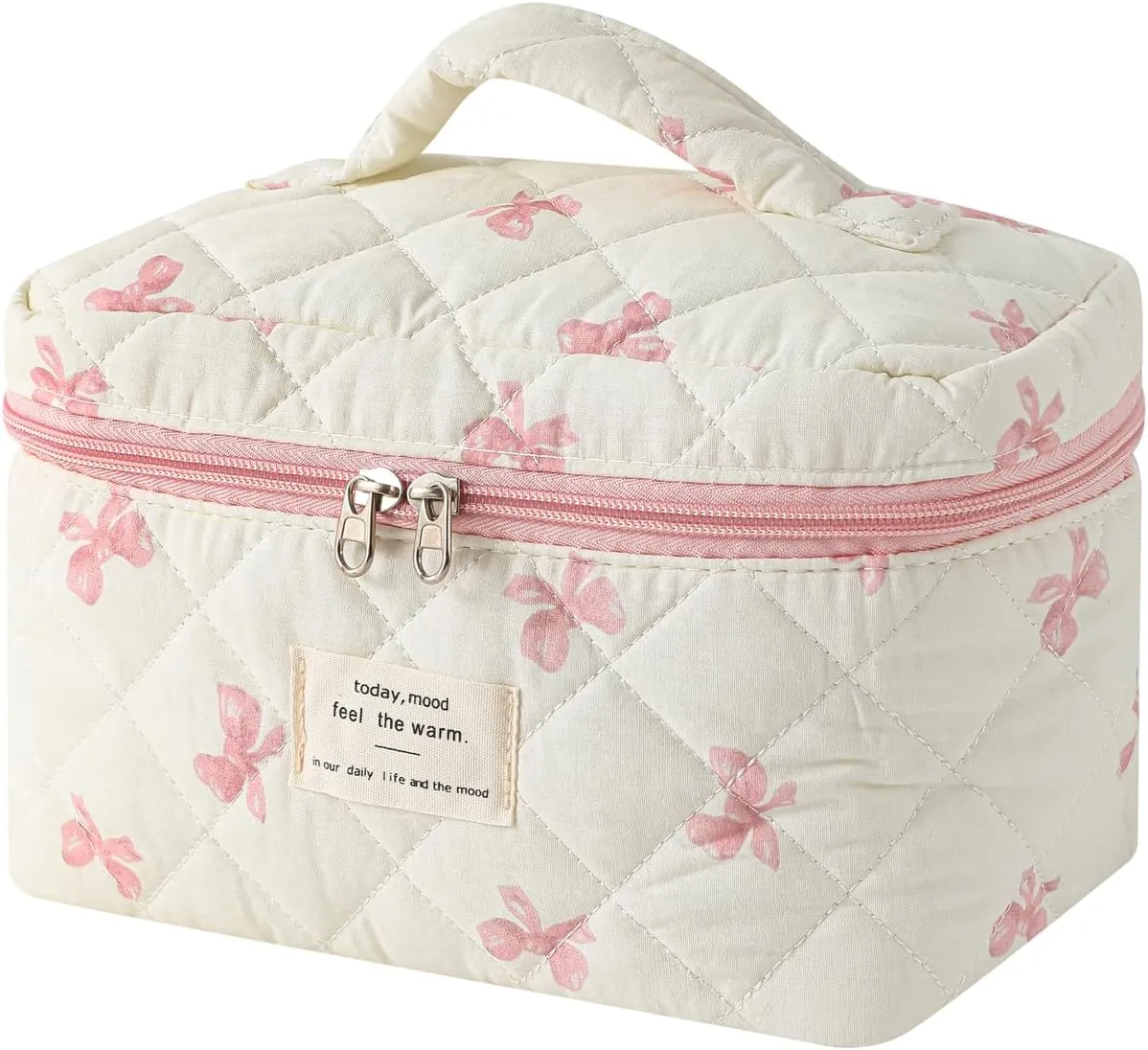 uekeboag Large Travel Quilted Makeup Bag for Women, Floral Cotton Cosmetic Bag, Coquette Aesthetic Floral Toiletry Organizer Bag