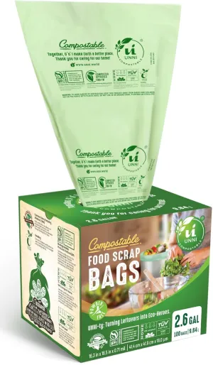 UNNI Compostable Liner Bags, 2.6 Gallon, 9.84 Liter, Extra Thick 0.71 Mil, 200 Count, Small Kitchen Food Scrap Waste Bags, ASTM D6400, US BPI, CMA and Europe OK compost HOME Certified, San Francisco