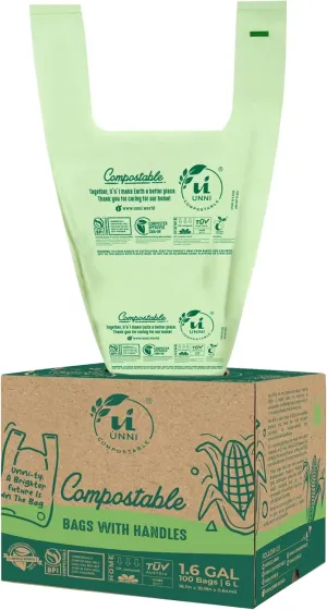 UNNI Compostable T-Shirt Bags with Handle-Tie, 1.2-1.6 Gallon, 6 Liter, 100 Count, 0.64 Mil, Small Kitchen Food Scrap Waste Bags, ASTM D6400, US BPI, CMA & OK compost HOME Certified, San Francisco