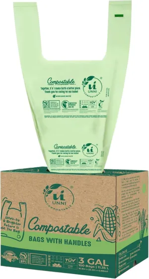 UNNI Compostable T-Shirt Bags with Handle-Tie, 3 Gallon, 11.35 Liter, 100 Count, 0.68 Mil, Small Kitchen Food Scrap Waste Bags, ASTM D6400, US BPI, CMA and OK compost HOME Certified, San Francisco