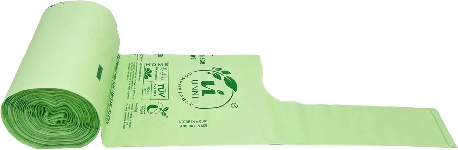 UNNI Compostable T-Shirt Bags with Handle-Tie, 3 Gallon, 11.35 Liter, 100 Count, 0.68 Mil, Small Kitchen Food Scrap Waste Bags, ASTM D6400, US BPI, CMA and OK compost HOME Certified, San Francisco
