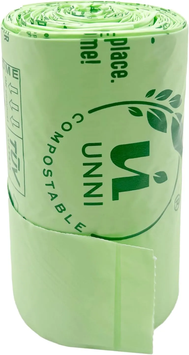UNNI Compostable T-Shirt Bags with Handle-Tie, 3 Gallon, 11.35 Liter, 100 Count, 0.68 Mil, Small Kitchen Food Scrap Waste Bags, ASTM D6400, US BPI, CMA and OK compost HOME Certified, San Francisco