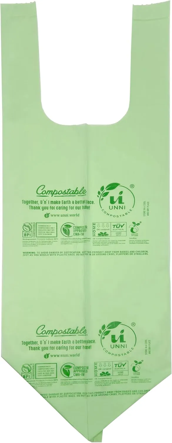 UNNI Compostable T-Shirt Bags with Handle-Tie, 3 Gallon, 11.35 Liter, 100 Count, 0.68 Mil, Small Kitchen Food Scrap Waste Bags, ASTM D6400, US BPI, CMA and OK compost HOME Certified, San Francisco