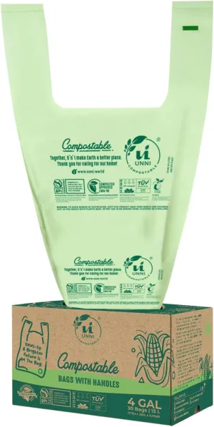UNNI Compostable T-Shirt Bags with Handle-Tie, 4 Gallon, 15 Liter, 60 Count, 0.71 Mil, Small Kitchen Food Scrap Waste Bags, ASTM D6400, US BPI, CMA and OK compost HOME Certified, San Francisco
