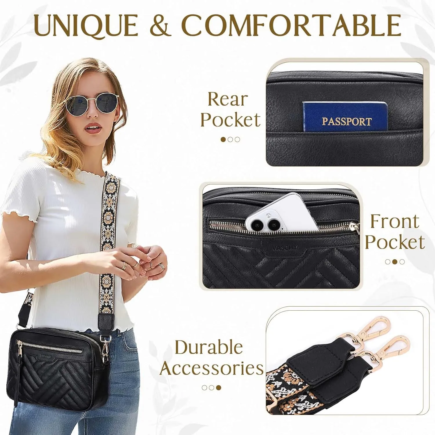 VASCHY Crossbody Purse Bags Women, Trendy Vegan Leather Quilted Chevron Small Shoulder Bag with Detachable Guitar Strap
