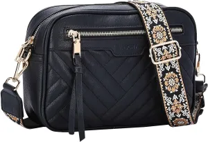 VASCHY Crossbody Purse Bags Women, Trendy Vegan Leather Quilted Chevron Small Shoulder Bag with Detachable Guitar Strap