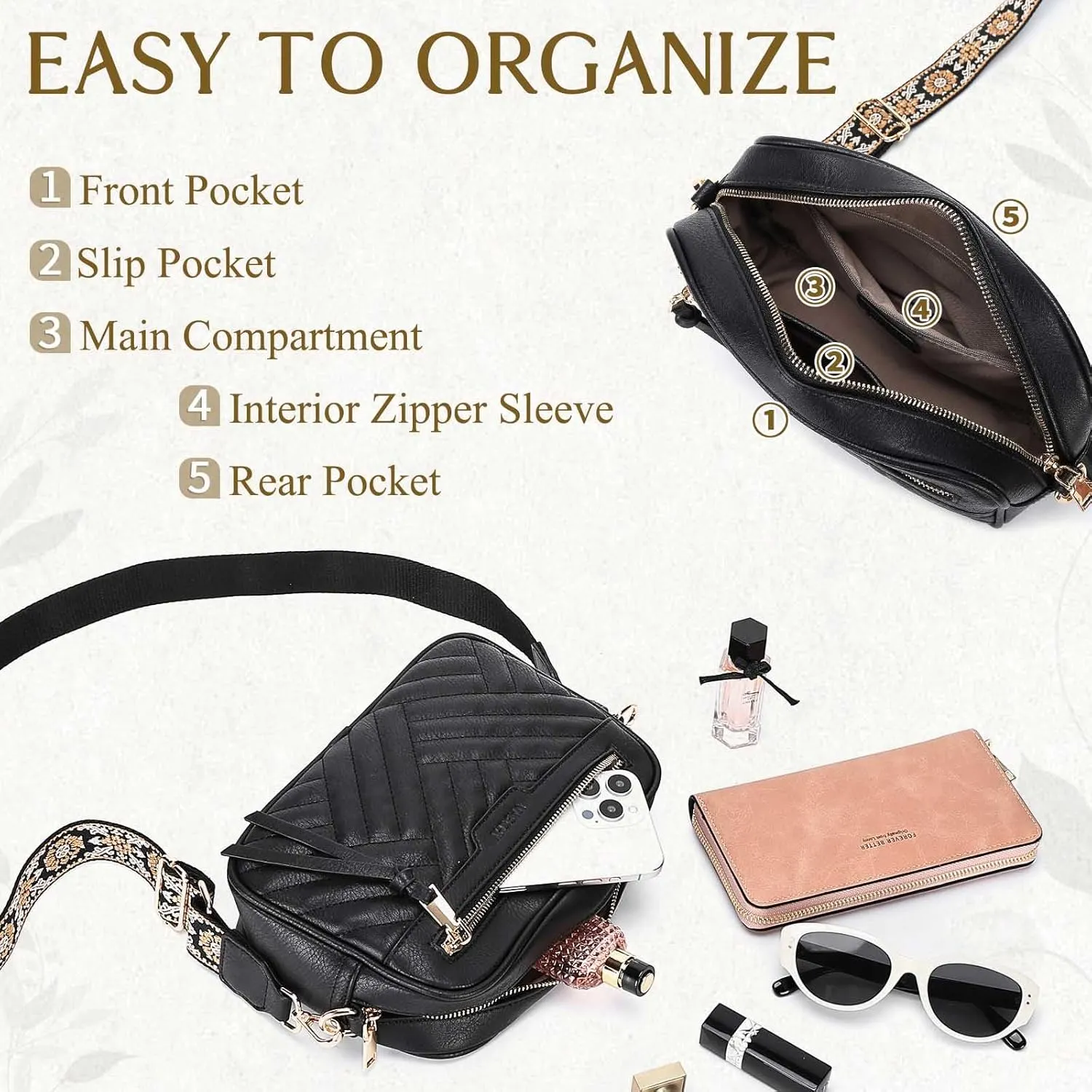 VASCHY Crossbody Purse Bags Women, Trendy Vegan Leather Quilted Chevron Small Shoulder Bag with Detachable Guitar Strap