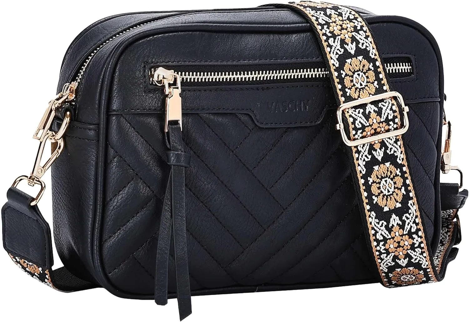 VASCHY Crossbody Purse Bags Women, Trendy Vegan Leather Quilted Chevron Small Shoulder Bag with Detachable Guitar Strap