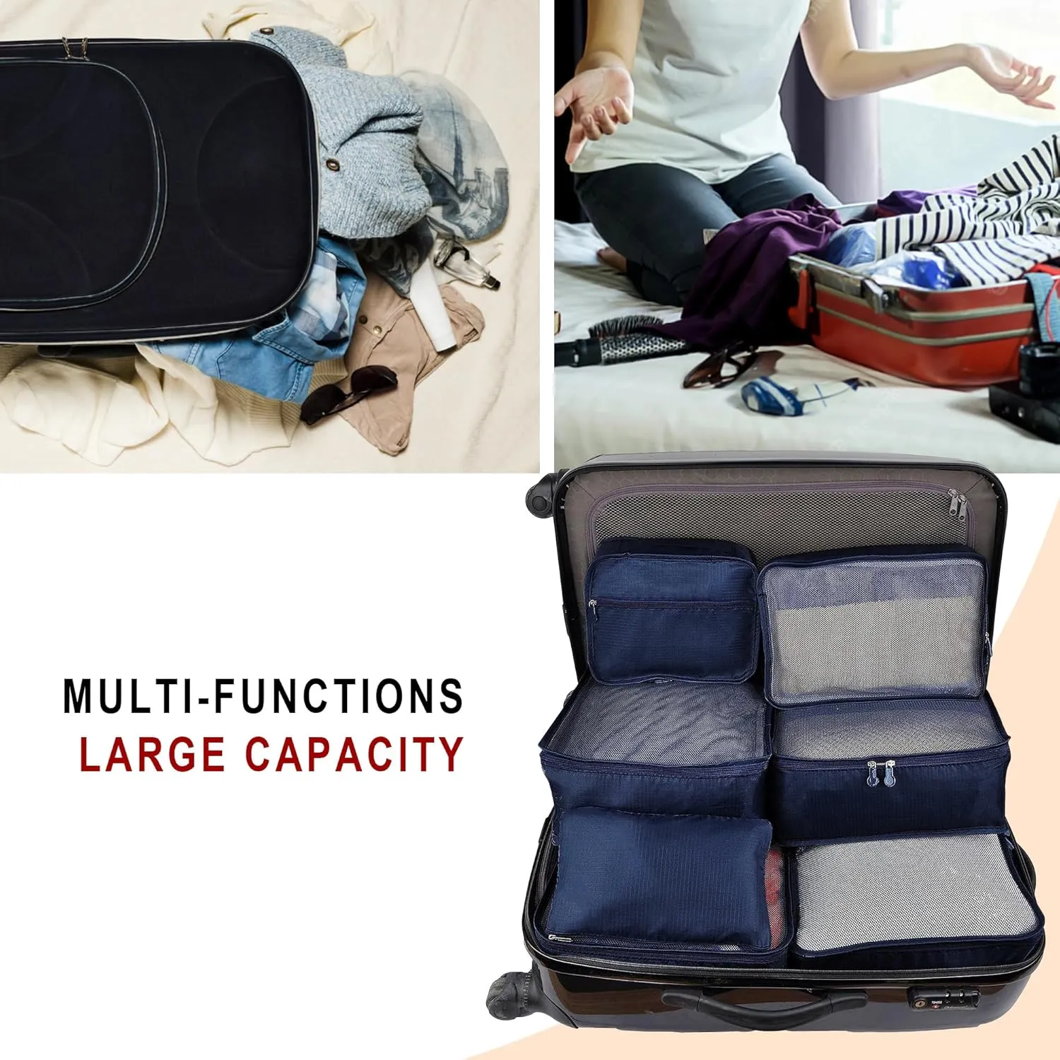 Vercord 7 Set Travel Packing Organizers Cubes Luggage Suitcase Organizer Bags Clothes Underwear Cube Shoe Pouch Pack Dark Blue