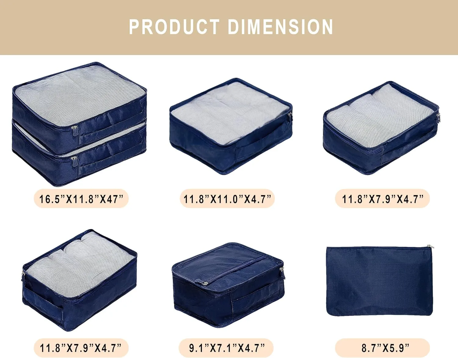 Vercord 7 Set Travel Packing Organizers Cubes Luggage Suitcase Organizer Bags Clothes Underwear Cube Shoe Pouch Pack Dark Blue